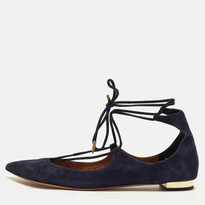 Pre-owned Aquazzura Christy Size 38 Navy Blue Suede Ballet Flats