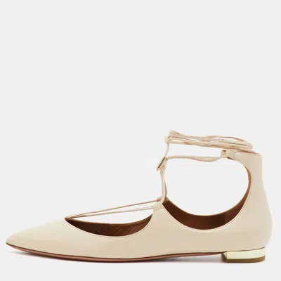 Pre-owned Aquazzura Christy Size 38.5 Beige Leather Ankle Wrap Ballet Flats