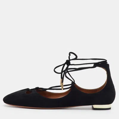 Pre-owned Aquazzura Christy Size 38.5 Black Suede Ankle Wrap Ballet Flats