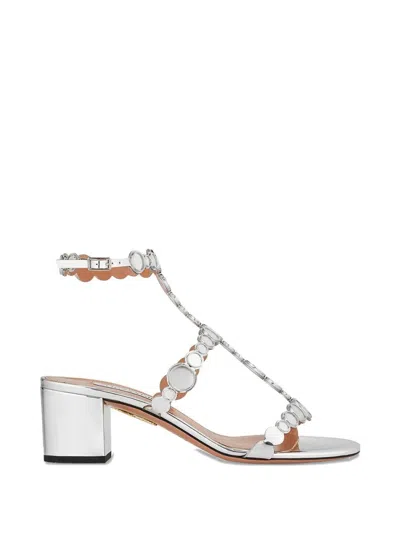 Aquazzura Afterglow 50 Metallic Leather Sandals In Silver