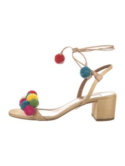 Pre-owned Aquazzura Colorblock Pattern Pom-pom Embellishments Sandals In Brown