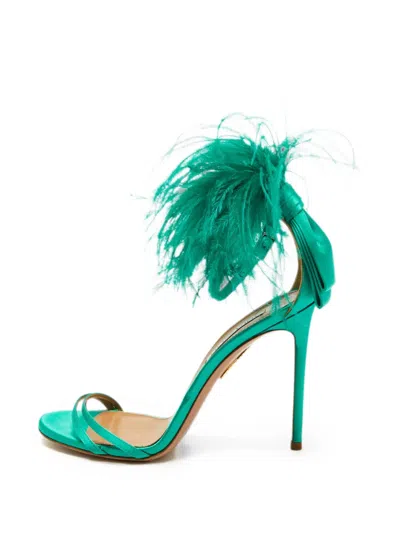 Pre-owned Aquazzura Concerto Feather-detail Heeled Sandals In Green