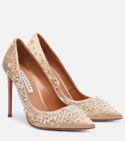 Aquazzura Constellation Embellished Satin Pumps In Neutral