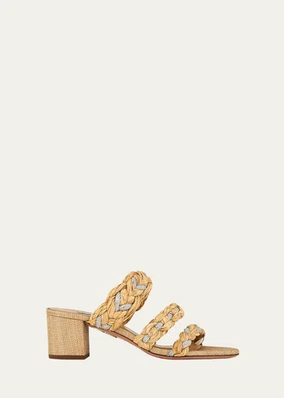 Aquazzura Costiera Crystal-embellished Cord-trimmed Raffia Sandals In Natural