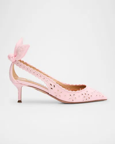 Aquazzura Cotton Eyelet Bow Tie Kitten Pumps In Petal