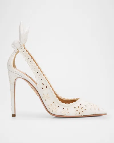 Aquazzura Cotton Eyelet Bow Tie Pumps In White