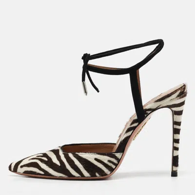 Pre-owned Aquazzura Cream/brown Calf Hair Pointed Toe Ankle Tie Pumps Size 36