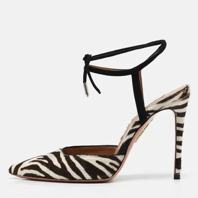 Aquazzura Cream/brown Calf Hair Pointed Toe Ankle Tie Pumps In Multi