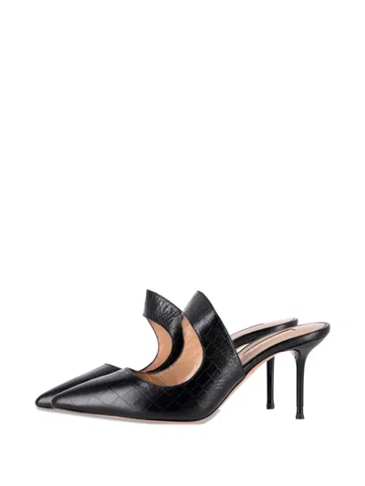Pre-owned Aquazzura Croc-embossed Pointed-toe Mules In Black