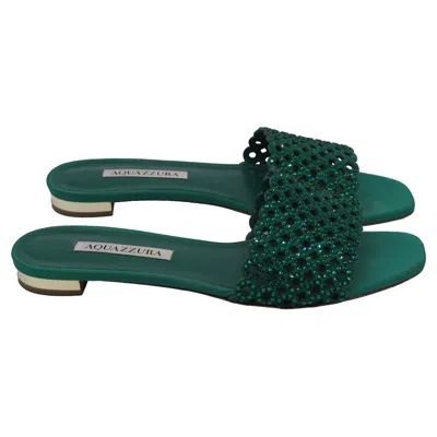 Aquazzura Crystal Candy Slide Flat Sandals In Green Leather