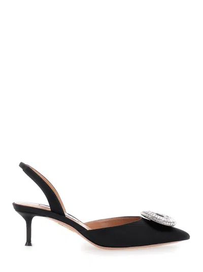 Aquazzura Crystal Hoop Black Slingback Pumps With Rhinestoned Embellishment And Kitten Heel In Tech Fabric Wom