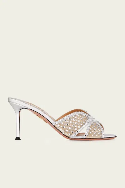 AQUAZZURA CRYSTAL LOVER MULE 75 IN SILVER