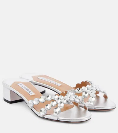 Aquazzura Crystal Mirage Embellished Leather Mules In Silver