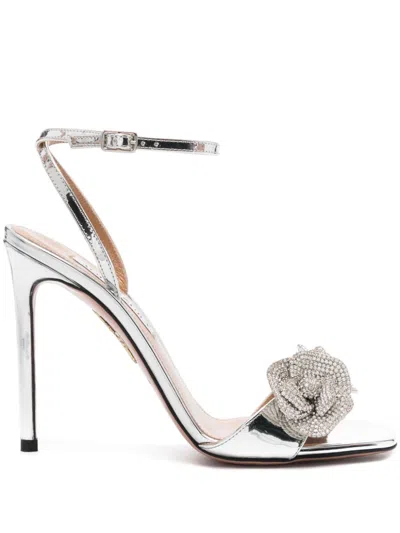 Aquazzura Crystal Orchid 105 Appliquéd Crystal-embellished Mirrored-leather Sandals In Silver