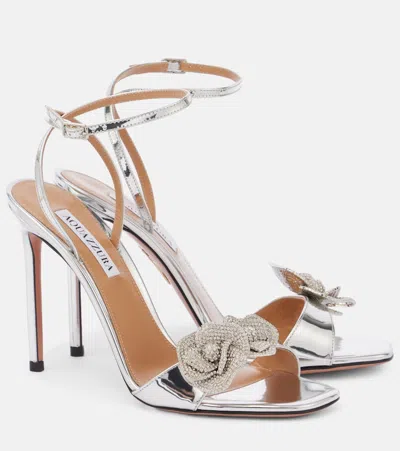 Aquazzura Crystal Orchid Embellished Leather Sandals In Silver