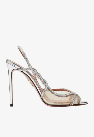 Aquazzura Crystal Weave 105 Metallic Slingback Sandals In Silver