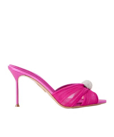 Aquazzura Crystal-embellished Leather-trimmed Chiffon Mules In Pink