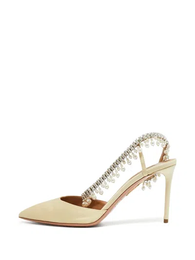 Pre-owned Aquazzura Crystal-embellished Pearl-accented Pumps In Neutral