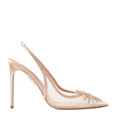 Aquazzura Crystal-embellished Satin-trimmed Mesh Pumps In Nude