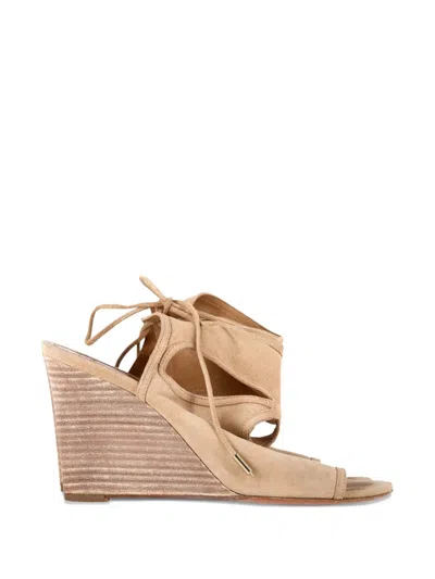 Pre-owned Aquazzura Cut-out Tie Wedge Sandals In Neutral