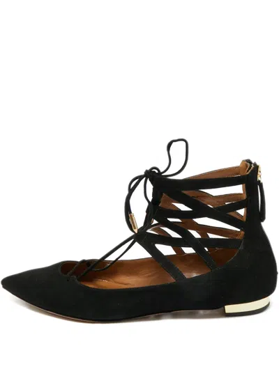 Pre-owned Aquazzura Dancer Suede Lace-up Ballet Flats In Black