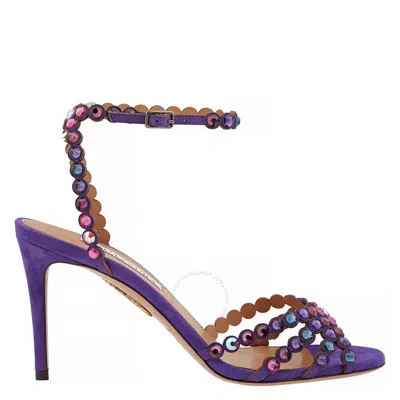 Aquazzura Dark Violet Tequila 85 Crystal Embellished Sandals In Purple