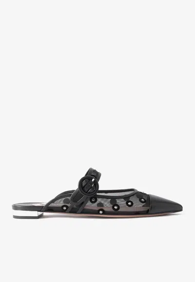 Aquazzura Darling Daisy Crystal-embellished Flocked Polka-dot Leather-trimmed Mesh Mules In Black