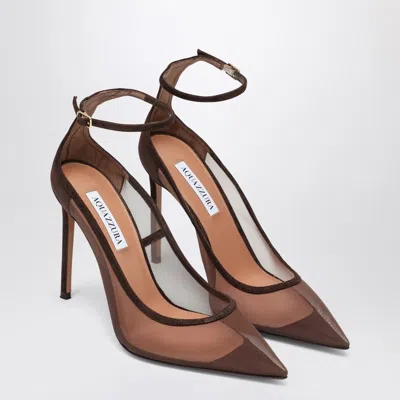 Aquazzura Love Affair 105 Suede-trimmed Mesh Point-toe Pumps In Brown