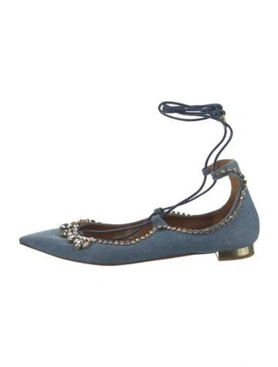 Pre-owned Aquazzura Denim Crystal Embellishments Flats In Blue