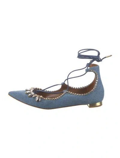 Pre-owned Aquazzura Denim Crystal Embellishments Flats In Blue