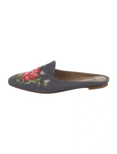 Pre-owned Aquazzura Denim Floral Print Mules In Blue