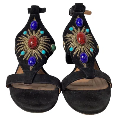 Pre-owned Aquazzura Desert Sun Embellished Sandal Heels In Black Suede