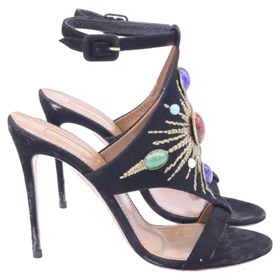 Aquazzura Desert Sun Embellished Sandal Heels In Black Suede In Multi