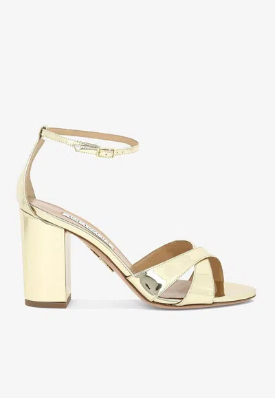 Aquazzura Divine 85 Mirror Leather Sandals In Gold