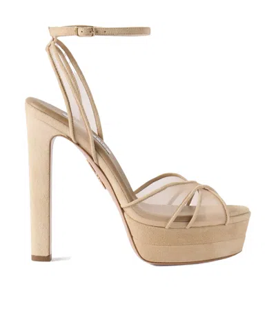 Aquazzura Divine Plateau 130 Suede And Tulle Platform Sandals In Nude