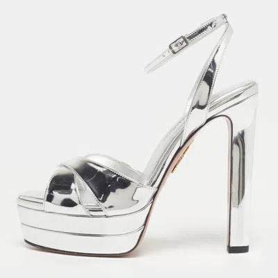 Pre-owned Aquazzura Divine Plateau Size 38 Silver Patent Leather Platform Ankle Strap Sandals