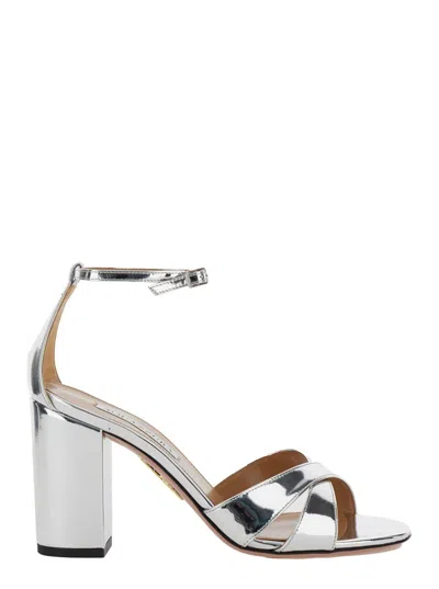 AQUAZZURA 'DIVINE' SILVER SANDALS WITH BLOCK HEEL IN LAMINATED LEATHER WOMAN