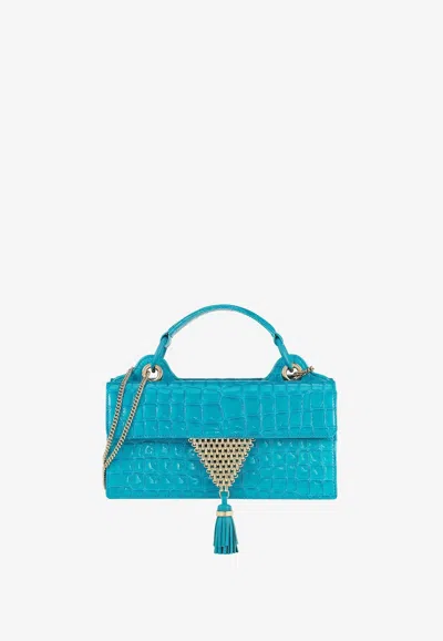 Aquazzura Downtown 24/7 Top Handle Bag In Croc-embossed Leather In Blue