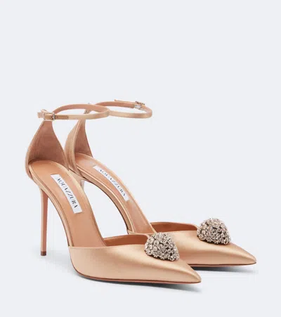 Aquazzura Drop Embellished Satin Slingback Pumps In Pink