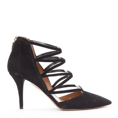 Pre-owned Aquazzura Electric Suede Criss Cross Strappy Booties Pump In Black