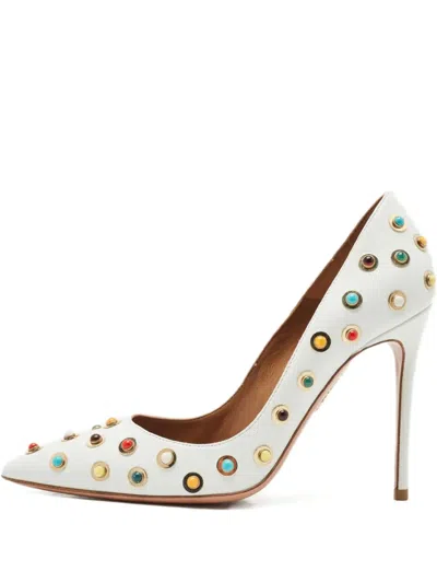 Pre-owned Aquazzura Embellished Calf Leather Pumps 10.5 In White