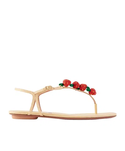 Aquazzura Embellished Raffia-effect Flat Sandals In Nude