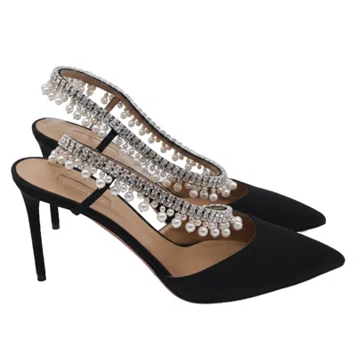 Aquazzura Embellished Slingback Pumps In Black Satin
