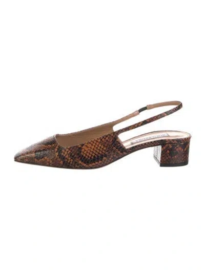 Pre-owned Aquazzura Embossed Leather Animal Print Slingback Flats In Brown