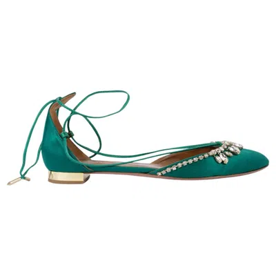 Pre-owned Aquazzura Emerald Green Alexa Crystal Lace-up Flats Shoes 40 Fit 39