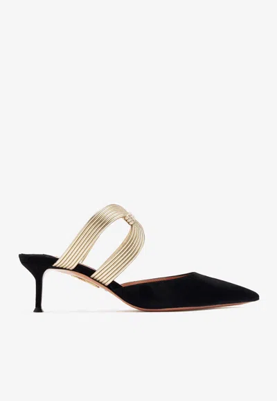 Aquazzura Esencia 50 Suede Mules In Light Gold/black
