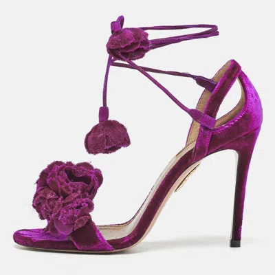 Pre-owned Aquazzura Exotic Pink Velvet Wild Flower Ankle Wrap Sandals Size 36.5