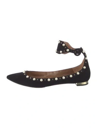 Pre-owned Aquazzura Faux Pearl Accents Suede Flats In Black