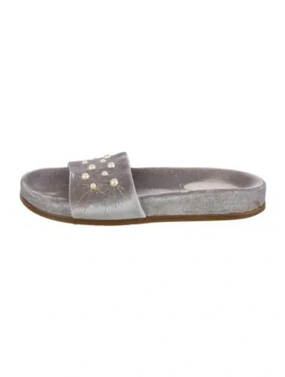 Pre-owned Aquazzura Faux Pearl Accents Velvet Slides In Gray