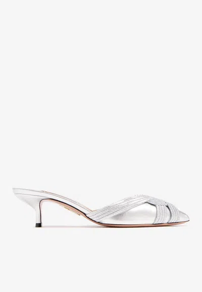 Aquazzura Felix 50 Metallic Leather Mules In Silver